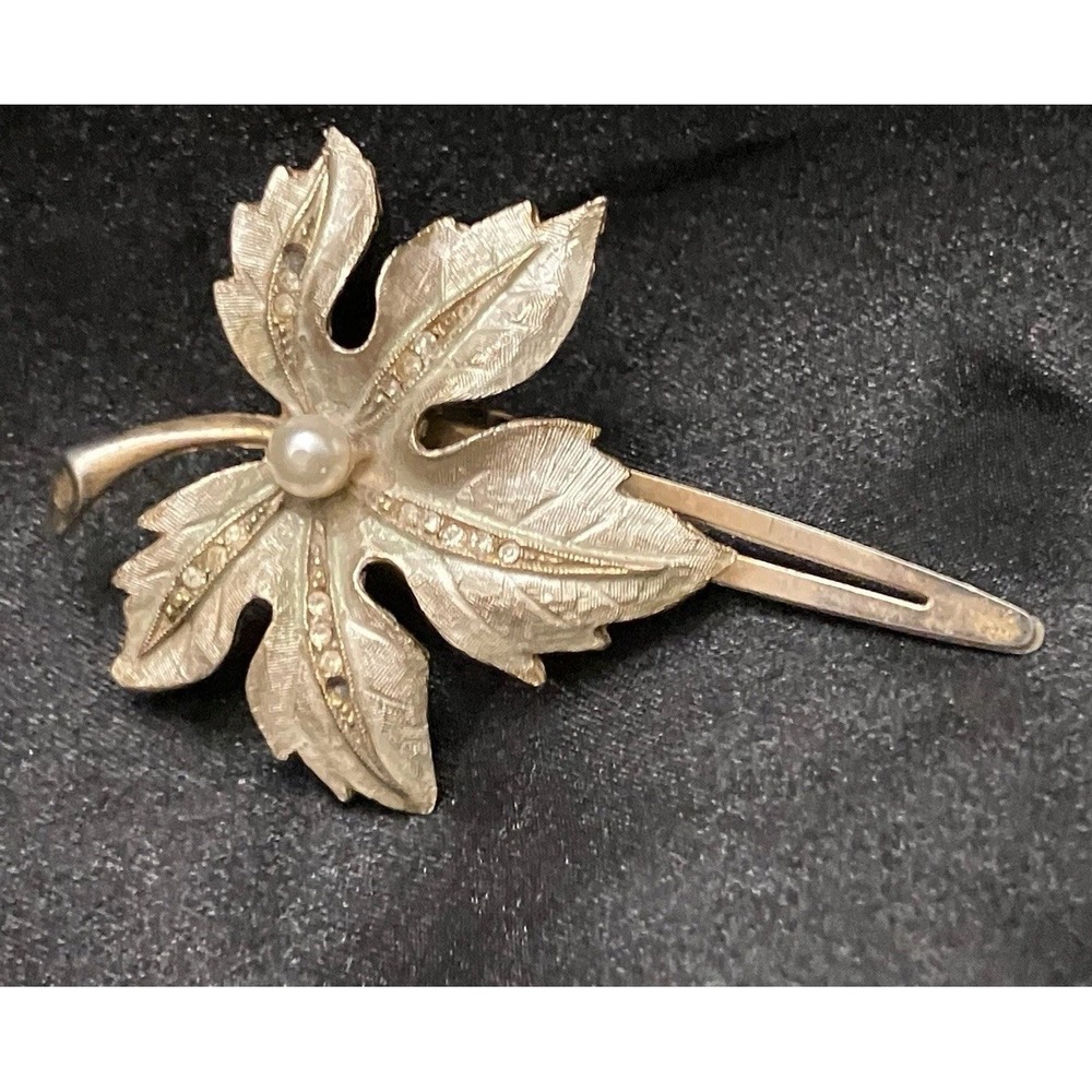 Estate Jewelry VTG Vassar Maple Leaf Hair Clip Faux Pearl Rhinestones Gold Tone